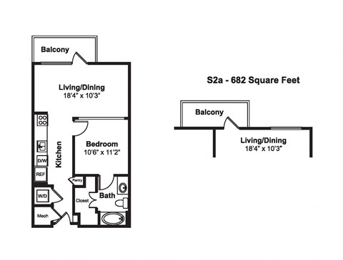 Floor plan for studio, 1 bath, 605 sqft